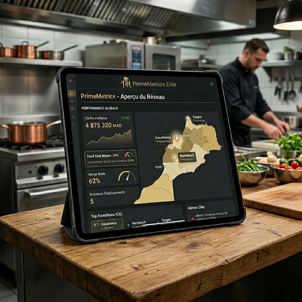 Dashboard de gestion multi-sites PrimeMetrics Maroc sur Tablette